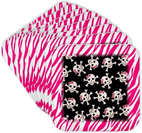 3dRose cst_61793_2 Cute Black Skulls with Bows on Pink Zebra-Soft Coasters, Set of 8...