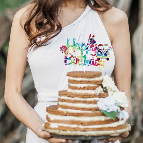 60's Tie Dye Happy Birthday Cake Topper - Groovy 60's Birthday Party Cake Topper - Groovy Hippie Party Cake Decoration...