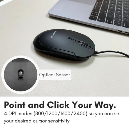 Computer Mouse Wired, Macally Silent USB Mouse - Slim & Compact USB Mouse for Apple Mac or Windows PC Laptop/Desktop - Designed with Optical Senso...