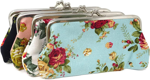 Honbay 4PCS Canvas Floral Coin Purse, Kiss Lock Change Purse, Vintage Trinkets Pouch, Cell Phone Pouch, Rose Pattern Clasp Closure Wallet, 3.54 x ...