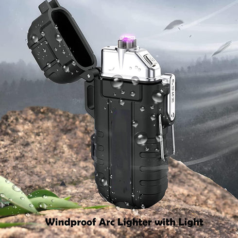 Waterproof Lighter with Flashlight,USB Rechargeable Flameless Lighter with Survival Whistle & Lanyard,Plasma Electric Lighter, Camping Tactical Ge...