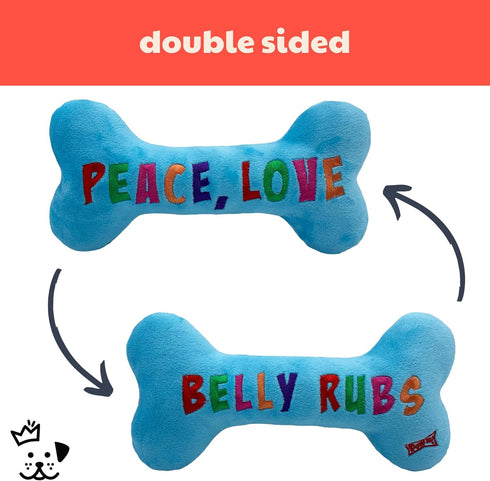 Huxley & Kent for Dogs | Peace, Love, Belly Rubs Bone | Holiday Christmas Power Plush Dog Toy with Squeaker | Funny Dog Gift | Fun, Durable, and S...