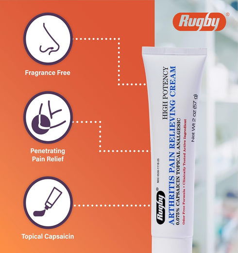 Rugby High Potency Capsaicin 0.075% Cream - Pain Relief Cream for Arthritis - 2 Oz (57g)...