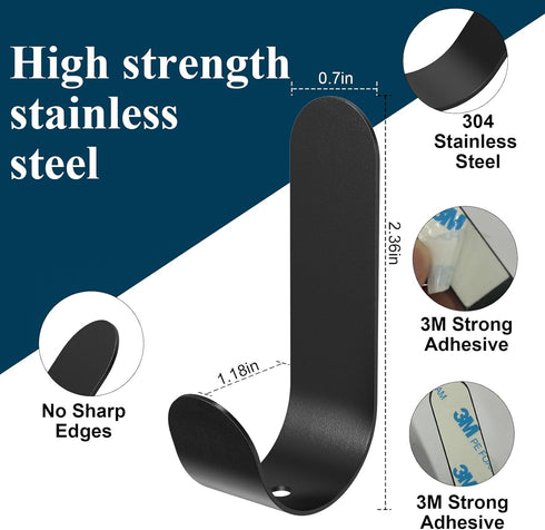 Adhesive Towel Hooks, 20 PCS Stainless Steel Self Adhesive Wall Hooks, Black Heavy Duty Shower Hook, Waterproof Oilproof Rustproof for Bathroom, K...