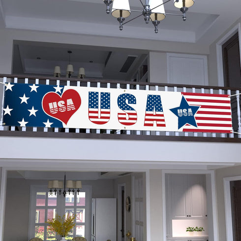 Probsin Large 4th of July Banner 120"x20" Decorations Independence Day Yard Sign Patriotic Hanging Decor American Heart Stars Party Supplies for I...