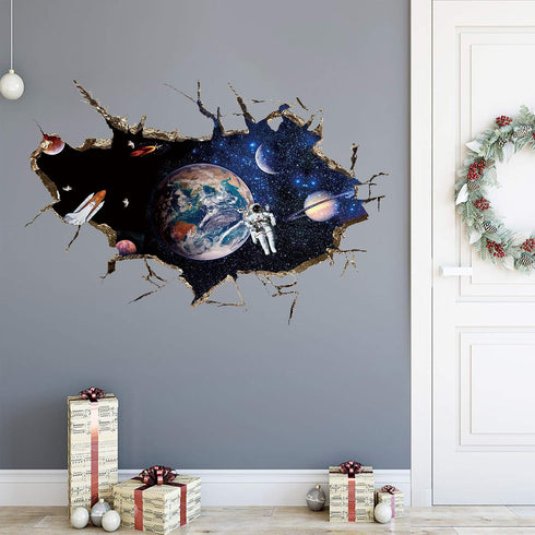3D Planet Galaxy Astronaut Wall Stickers, DILIBRA Removable Universe Outer Space Spacecraft View Window Wall Decals for Kids Children Bedroom Livi...