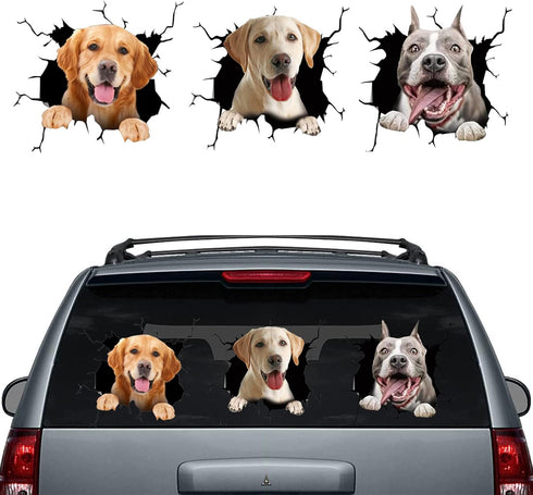 Funny Crack Dog Car Sticker 3 PCS, 3D Car Window Clings Labrador Golden Retriever Pitbull Realistic Animal Truck Wall Decal Pet Vinyl Static Stick...
