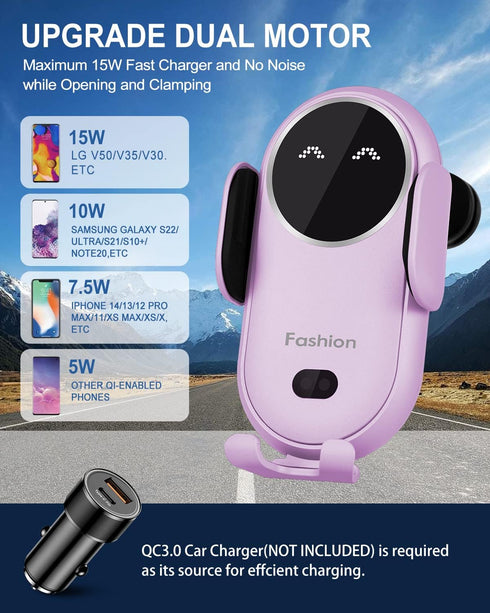 Wireless Car Charger, Phone Mount for Car Wireless Charger Smart Sensor Air Vent, Automatic Clamping Phone Holder Compatible with iPhone 14/13/12/...