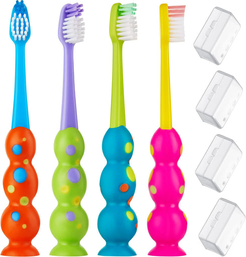 Kids Toothbrush 4 Pack - Soft Bristles with Suction Cup - Toothbrush Kids, Child Sized Brush Heads (3-10 Year Old) Kid Toothbrush with Easy Storag...