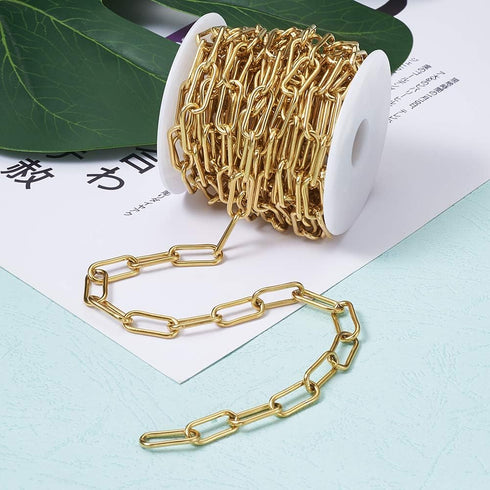 Pandahall 16.4 Feet 304 Stainless Steel Paperclip Chains Necklace Golden Plated 17x7x1.6mm Unwelded Strong Oval Cable Chains Links with Spool for ...