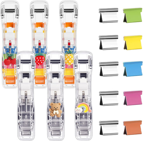 6pcs Paper Clip Dispenser,Clam Clip Dispensers with 200 Metal Refill Clips,Handheld Reusable Creative Stapler Push Clamp File...