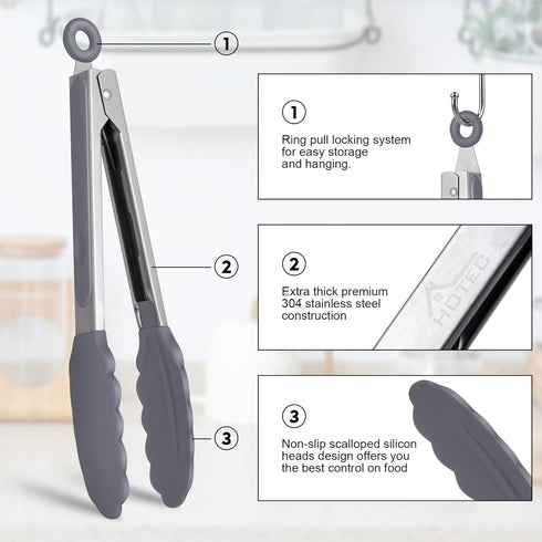 HOTEC Premium Stainless Steel Locking Kitchen Tongs with Silicon Tips, Set of 3-7", 9" and 12" (Grey)...