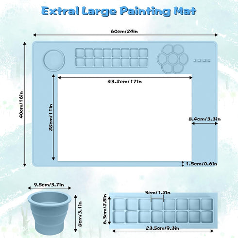 Qoolife Silicone Painting Mat with Cup, 23.6"*15.7" Silicone Art Mats for Crafts with 10 Brushes, 12 Color Dividers, Collapsible Erasable Washable...