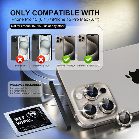 Choiche Compatible for iPhone 15 Pro/iPhone 15 Pro Max Camera Lens Protector Bling, 9H Tempered Glass Camera Cover Screen Protector Metal Ring Dec...