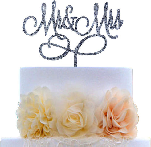 Mr and Mrs Cake Topper Bride And Groom Sign Wedding Engagement Cake Toppers Decorations (Silver Glitter Acrylic)...