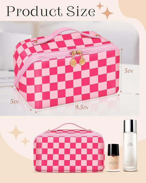 Bistup Makeup Bag Travel Cosmetic Bag Toiletry Make Up Bags Cute Women Large Capacity Big Medium Leather Checkered Plaid Hotpink Aesthetic Girl Te...
