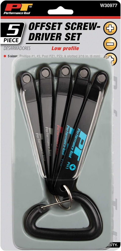Performance Tool W30977 Low Profile Offset Screwdriver Set with 5 Popular Sizes, Corrosion-Resistant Steel Handles, and Compact Storage...