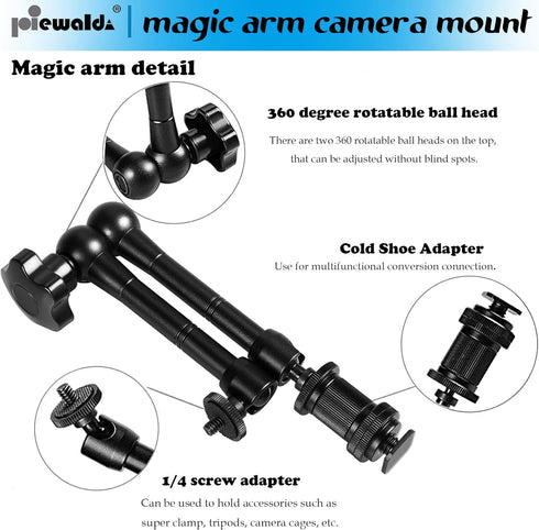 Camera Magic Arm articulating arm- 11 Inch Metal Adjustable Friction Articulated arm with Super Clamp/Phone Clip, for Various Action Camera/DSLR/L...