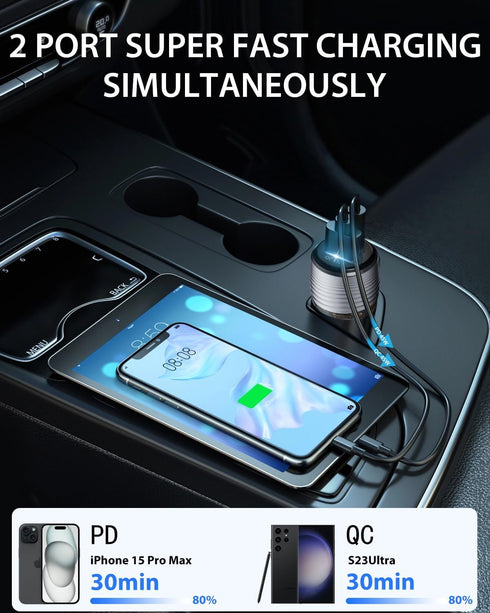 SUNDAREE Car Charger with Plug Outlet, 90W USB Car Charger Fast Charging, PD PPS QC 3.0 USB Cigarette Lighter Charger for iPhone and Samsung and M...