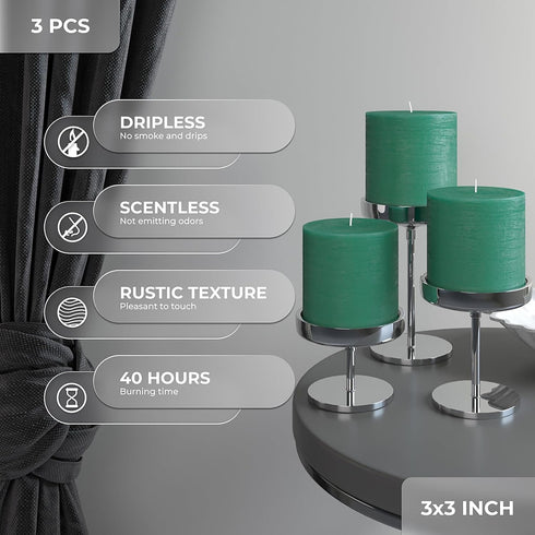 CANDWAX 3x3 Pillar Candles Set of 3 - Rustic Unscented No Drip Green Candles for Home Decor, Weddings, Centerpieces...