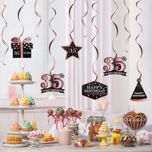LINGTEER Happy 35th Birthday Decorations - 12 Pcs Birthday Black & Rose Gold Foil Swirls Streamer Set,Cheers to 35 Years Old Bday Party Gift Decor...