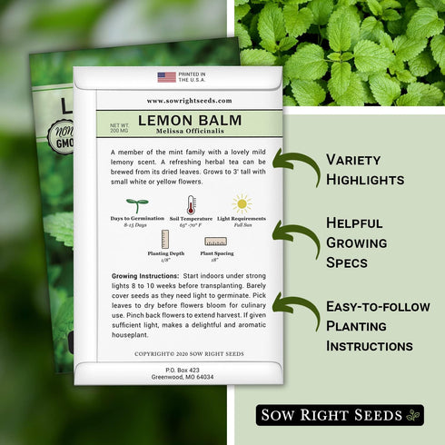 Sow Right Seeds - Lemon Balm Seeds for Planting - Non-GMO Heirloom Packet with Instructions - Easy to Grow Herb Garden - Aromatic Herb and Great f...