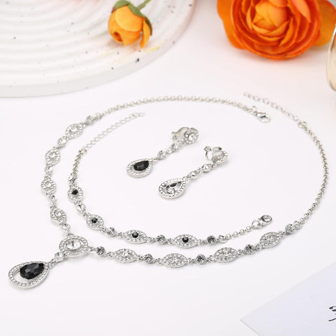 FIBO STEEL Clip on Rhinestone Jewelry Set for Women Party Prom Bridal Bridesmaid Jewelry for Wedding Teardrop Pendant Earrings Necklace Bracelets ...