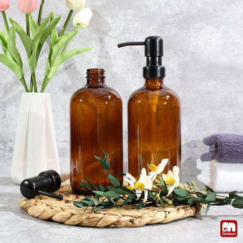 GMISUN Amber Glass Soap Dispenser, 2 Pack Bathroom Hand Soap Dispensers with Stainless Steel Pump, 17 Fl Oz Kitchen Hand and Dish Soap Dispenser S...