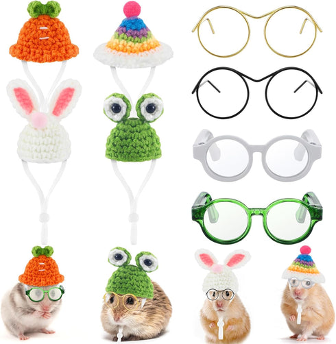 8 Pcs Hamster Hat Pet Round Costume Glasses Includes 4 Pcs Knitted Small Animals Hat with Adjustable Strap and 4 Pairs of Pet glasses for Small An...