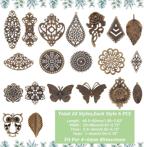 PH PandaHall 120pcs Filigree Metal Embellishments 19 Style Filigree Connectors Charms Antique Bronze Flower Animal Pendants for Steampunk Mixed Me...