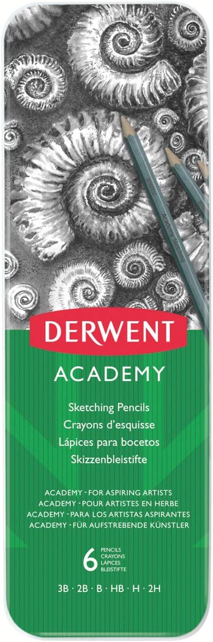 Derwent Academy Sketching Pencils, 6 Degrees of Hardness, Metal Tin, 6 Count (2301945)...