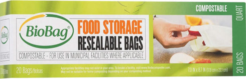 BioBag 100% Certified Compostable Resealable Food Storage Bags, 20 Count, Quart, Perfect for Refrigerator...