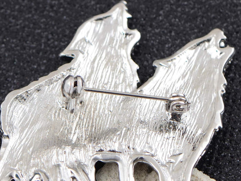 Alilang Silvery Tone Clear Rhinestones Emerald Green Eyes Howling Couple Wolves Animals Lapel Brooch Pin...