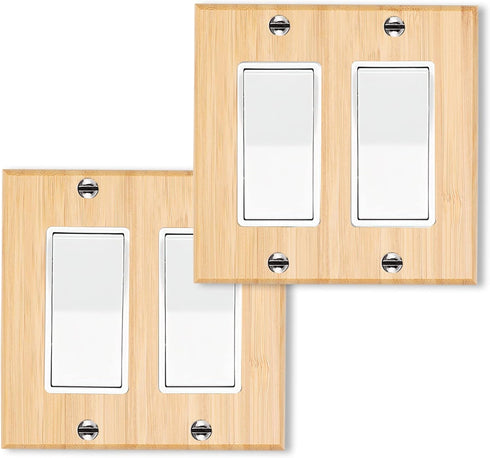2PC Solid Wood Double Rocker Light Switch Plate 4.5" X 4.5" Bamboo Light Switch Cover Quality Raw Wooden Decorative Bedroom Kitchen Home Decor (Do...