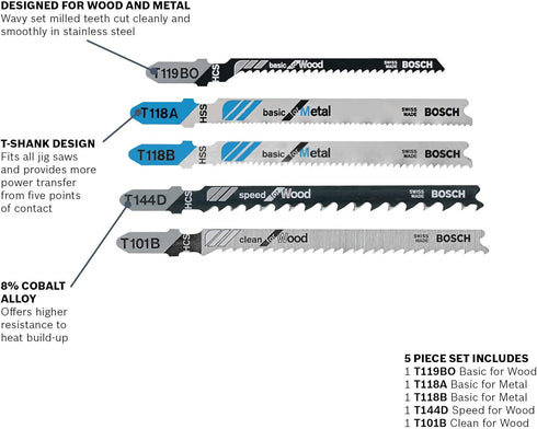 BOSCH T500 5-Piece T-Shank Jig Saw Blade Set for Wood and Metal...