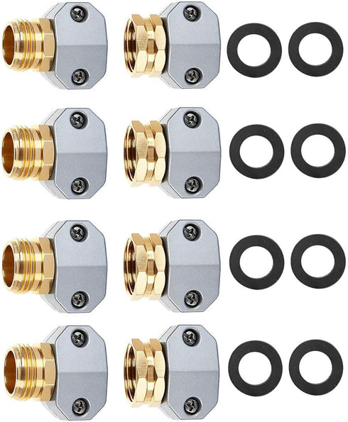 Garden Hose Repair Connector Fitting 4 Sets, Aluminum Alloy Male&Female Connectors Carrying Zinc Clamps Fit for 3/4" or 5/8" Garden Hose Fitting...