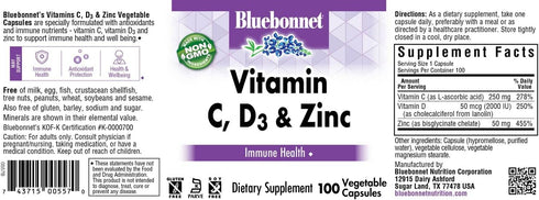 Bluebonnet Nutrition Vitamin C, D3 & Zinc, for Immune Health and Respiratory Function*, Soy-Free, Gluten-Free, Non-GMO, Kosher Certified, Dairy-Fr...