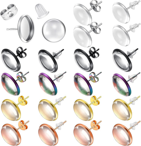 200 Pieces Stud Earring Kit, Including 50 Pieces 12 mm Stainless Steel Blank Stud 50 Rubber Back, 50 Pieces 12 mm Clear Glass Cabochons 50 Stainle...
