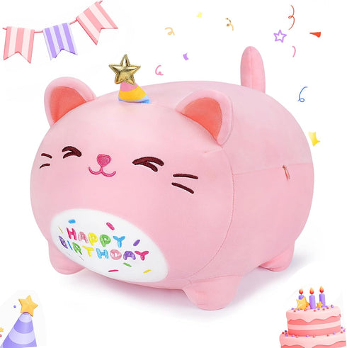 Pink Birthday Cat Plush Stuffed Animals-Gifts for Girlfriend, 16'' Pink Cat Plush, Kawaii Plushies Cat Body Pillow Cat Plushie, Kitten Plush Throw...