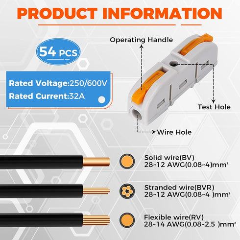 54PCS Lever Wire Connectors, 1 to 1 Inline Electrical Lever Wire Connectors kit for Quick Connect, pushin Compact Splicing Lever Wire Connectors, ...
