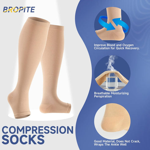 bropite Open Toe Compression Socks for Men & Women - 2 Pairs of 15-20 mmhg Knee High Stockings for Circulation Support...