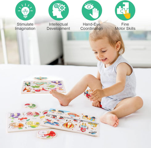 Wooden Peg Puzzles for Toddlers 1-3, Kids' Educational Preschool Peg Puzzle Toy, Set of 3 Toddler Puzzles - Traffic, Dinosaur, and Fruit, Ideal Gi...