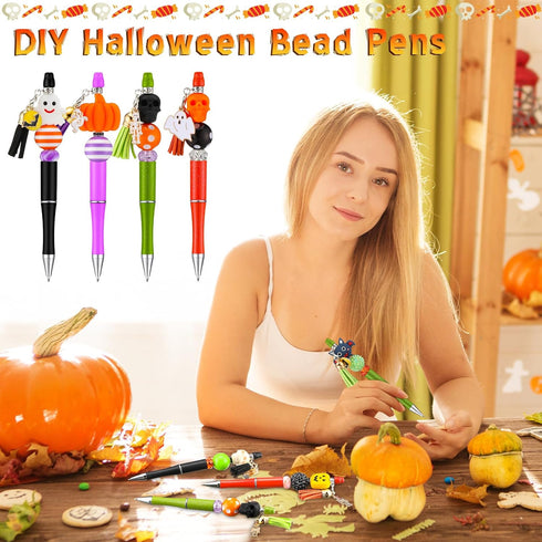 Tenceur 12 Pcs Halloween Plastic Beadable Pen Bead Ballpoint Pen Halloween Silicone Beads 105 Pcs Accessories DIY Black Ink Bead Pen Pumpkin Skull...