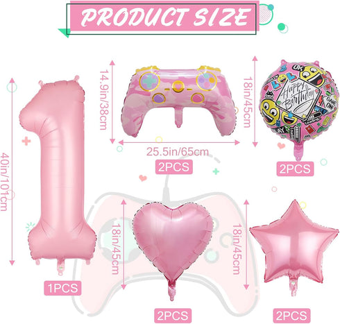 Pink Video Game Balloons, Video Game Controller Birthday Number Mylar Foil Balloon, Level Up Balloons for Girls Game On Birthday Decorations Video...