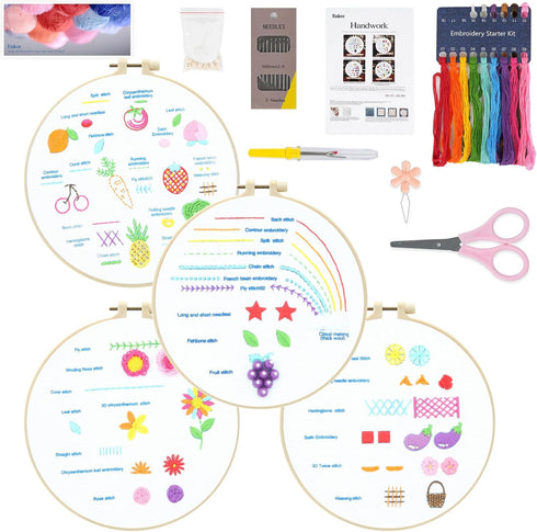 Enkor 4 Sets Embroidery Kit for Beginners Adults, Beginner Embroidery Kit for Adults, Embroidery Kit for Beginners Flowers Follow Instruction Vide...