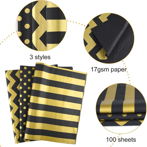MIAHART 60 Pcs Gold Black Tissue Paper Bulk 3 Style Decorative Metallic Wrapping Paper for Birthday Weddings Christmas Party Decoration, DIY Arts ...