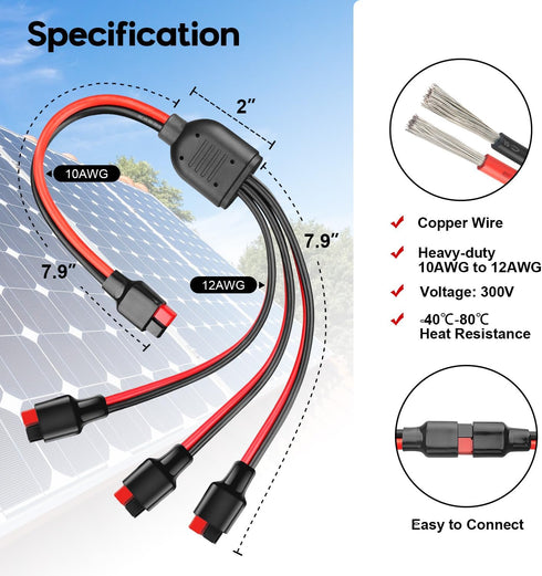 Anderson Y Splitter Cable Solar Panel Connector 1 to 3 Branch Parallel Adapter Cable for Portable Solar Generator Power Station Compatible with Go...