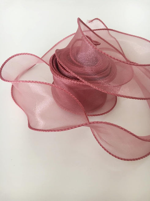 1-1/2 Inch Wide 10 Yards Dusty Rose Pink Wired Chiffon Ribbon Sheer Wired Organza Ribbon for Crafts Floral Bouquets Wedding Party Valentine's Day ...
