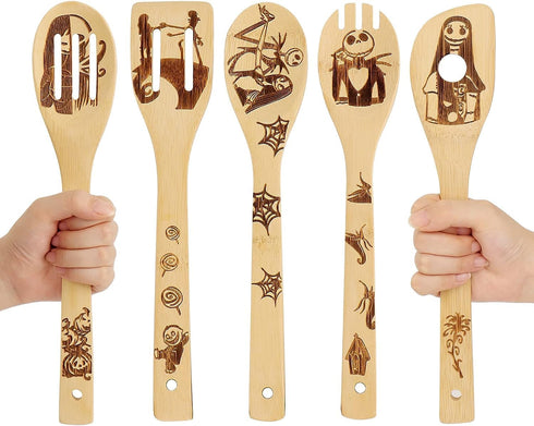 Nightmare Before Christmas Wooden Spoons for Cooking, Nightmare Before Christmas Kitchen Decor, Burned Bamboo Spoons Kitchen Utensils Set for Hall...