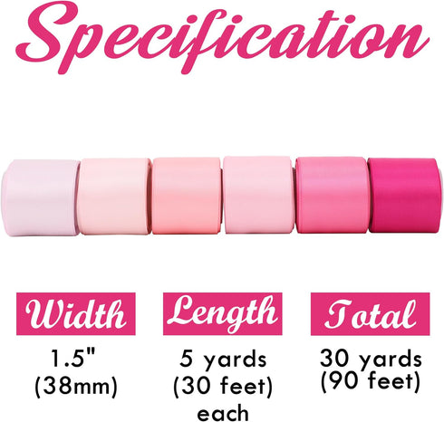 HUIHUANG Pink Ribbon 1-1/2" Satin Ribbon Assorted Pink/Hot Pink Satin Ribbons for Flower Bouquet, Gift Wrapping, Hair Bows Crafts, Wedding Bridal ...